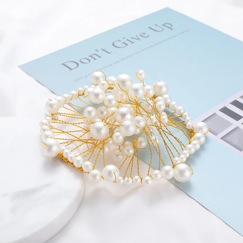 Metal Pearl Princess Crown Cake Topper Shiny Artificial Pearls Headdress Wedding&Engagement Cake Decora Birthday Topper Handmade