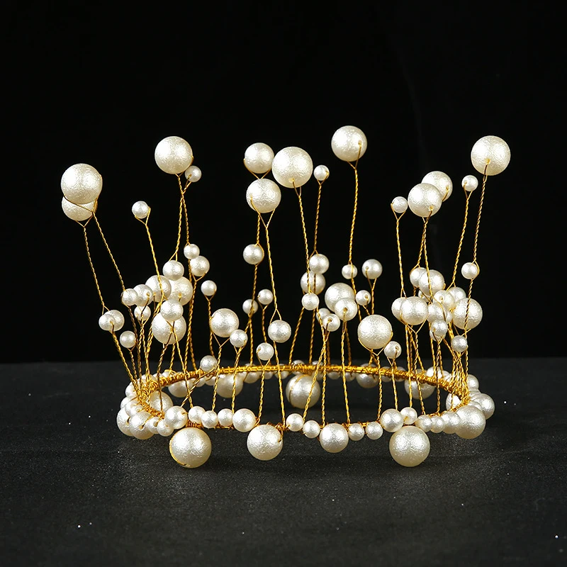 Metal Pearl Princess Crown Cake Topper Shiny Artificial Pearls Headdress Wedding&Engagement Cake Decora Birthday Topper Handmade