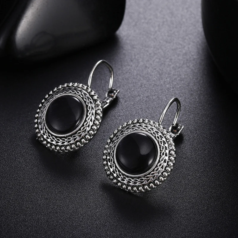 Fashion Boho High Quality Big Drop Earrings for Women Jewelry Carved Vintage Tibetan Silver Round Opal Bohemian Long Earrings