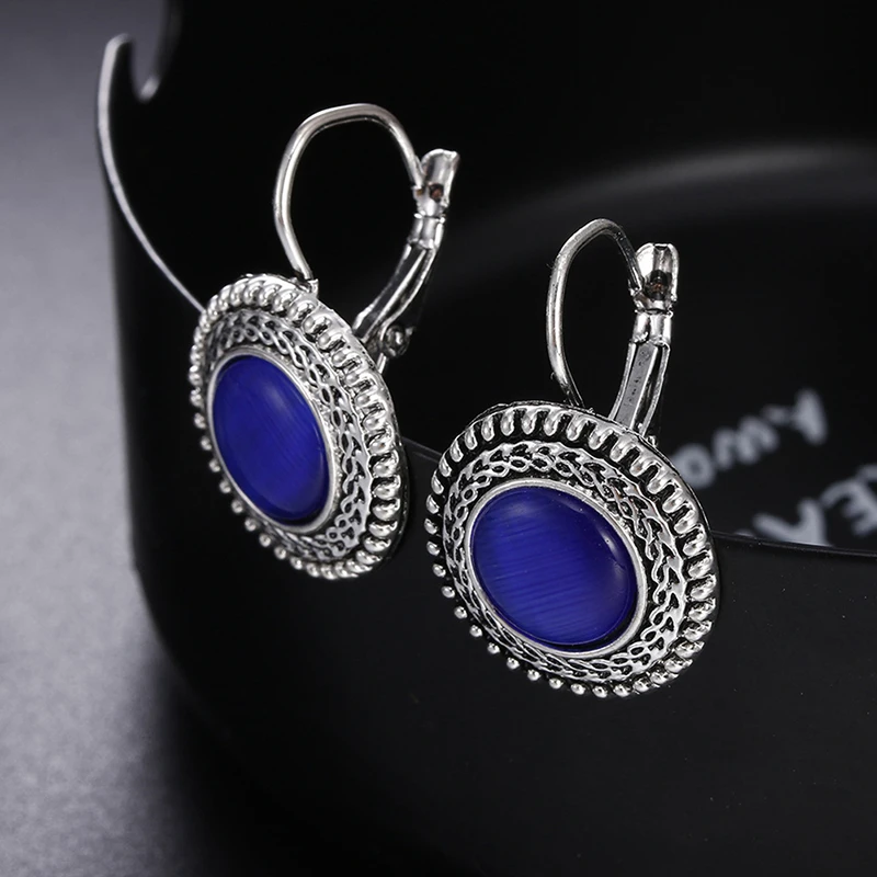 Fashion Boho High Quality Big Drop Earrings for Women Jewelry Carved Vintage Tibetan Silver Round Opal Bohemian Long Earrings
