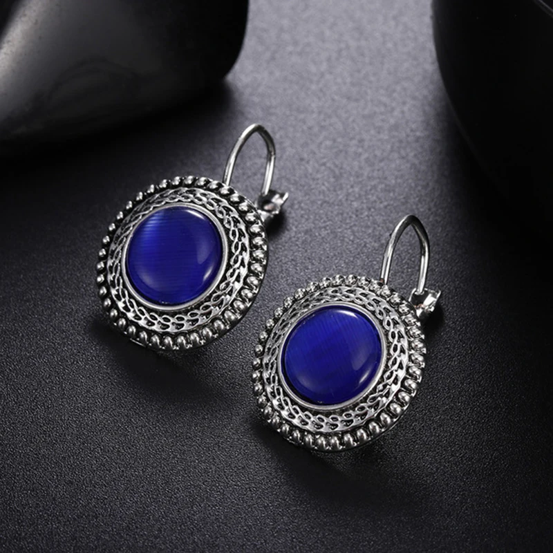 Fashion Boho High Quality Big Drop Earrings for Women Jewelry Carved Vintage Tibetan Silver Round Opal Bohemian Long Earrings