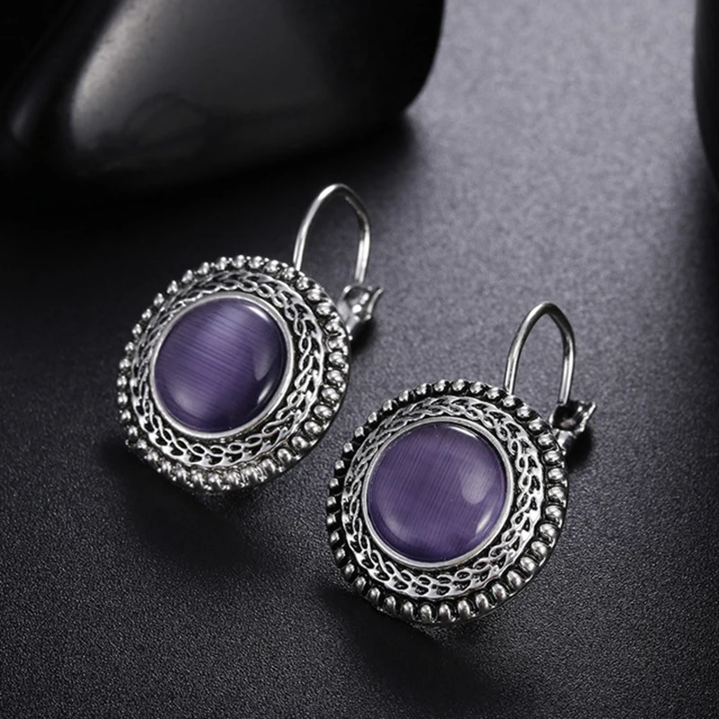 Fashion Boho High Quality Big Drop Earrings for Women Jewelry Carved Vintage Tibetan Silver Round Opal Bohemian Long Earrings
