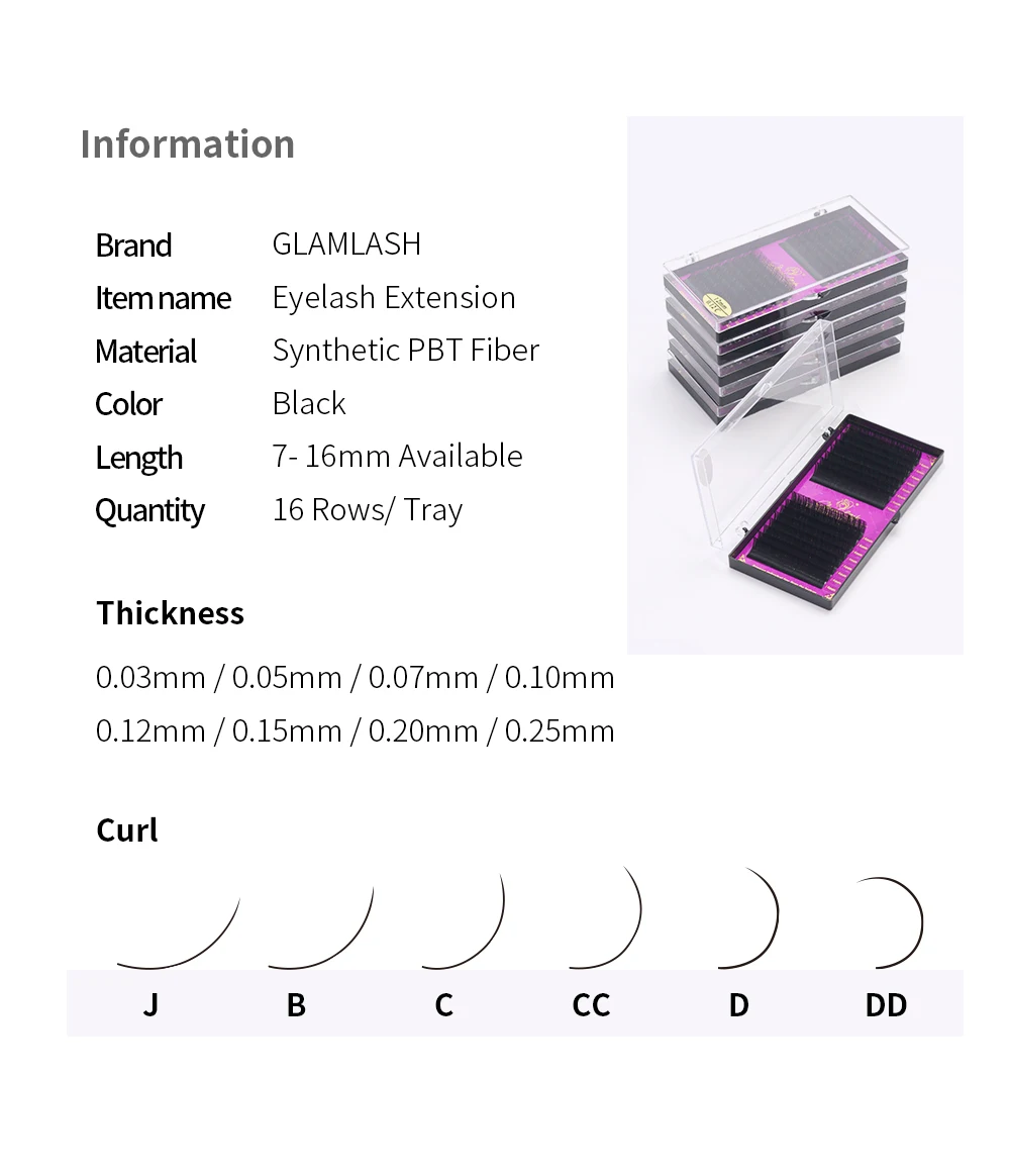 GLAMLASH Wholesale 16Rows BCCCD Curl Natural Mink Single Eyelash Extension Premium Individual Fake False Eye Lashes