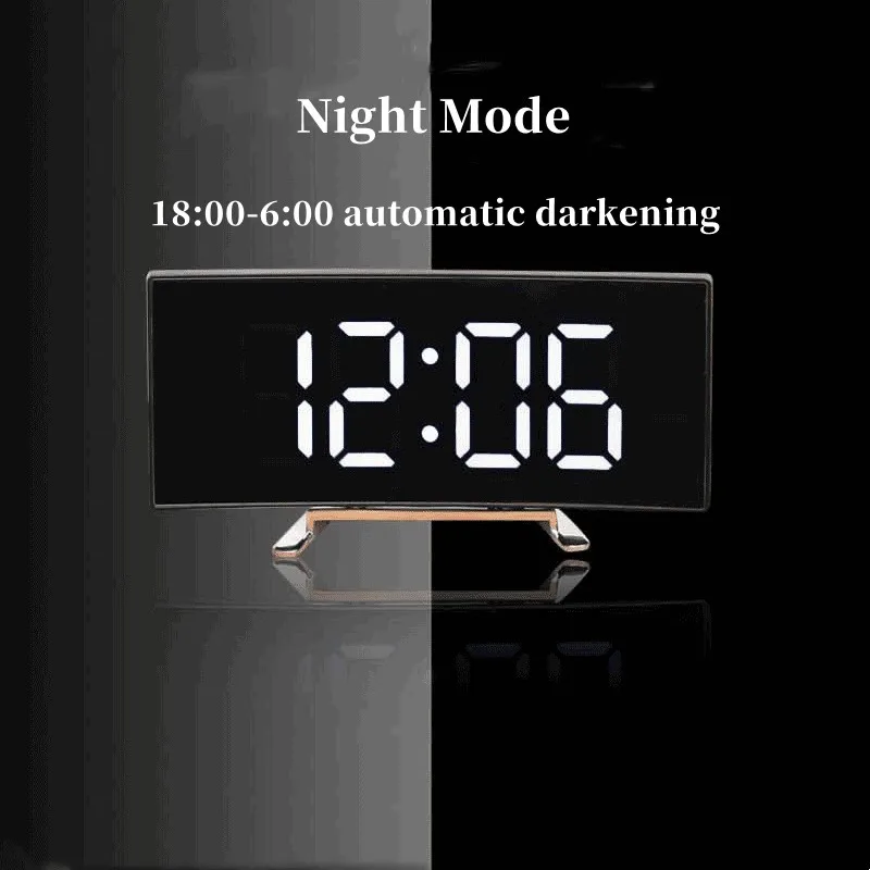 Curved Mirror Digital Alarm Clock with TEMP Date Night Mode Snooze Table Clock 12/24H Anti-disturb LED Clock for Living Room