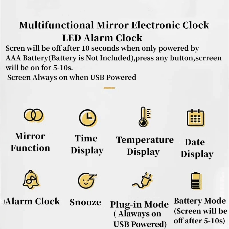 Curved Mirror Digital Alarm Clock with TEMP Date Night Mode Snooze Table Clock 12/24H Anti-disturb LED Clock for Living Room