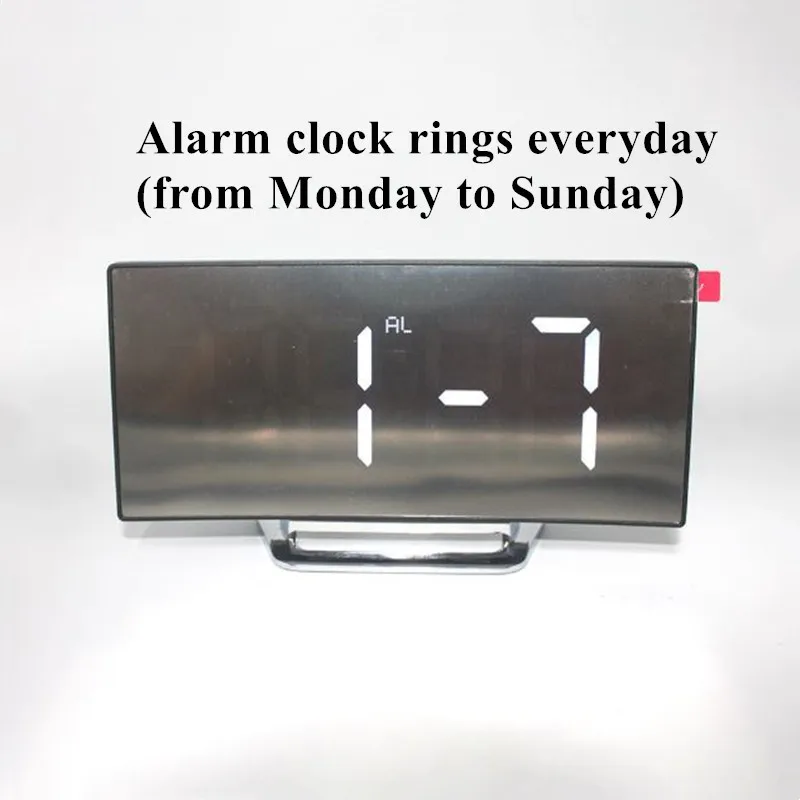 Curved Mirror Digital Alarm Clock with TEMP Date Night Mode Snooze Table Clock 12/24H Anti-disturb LED Clock for Living Room