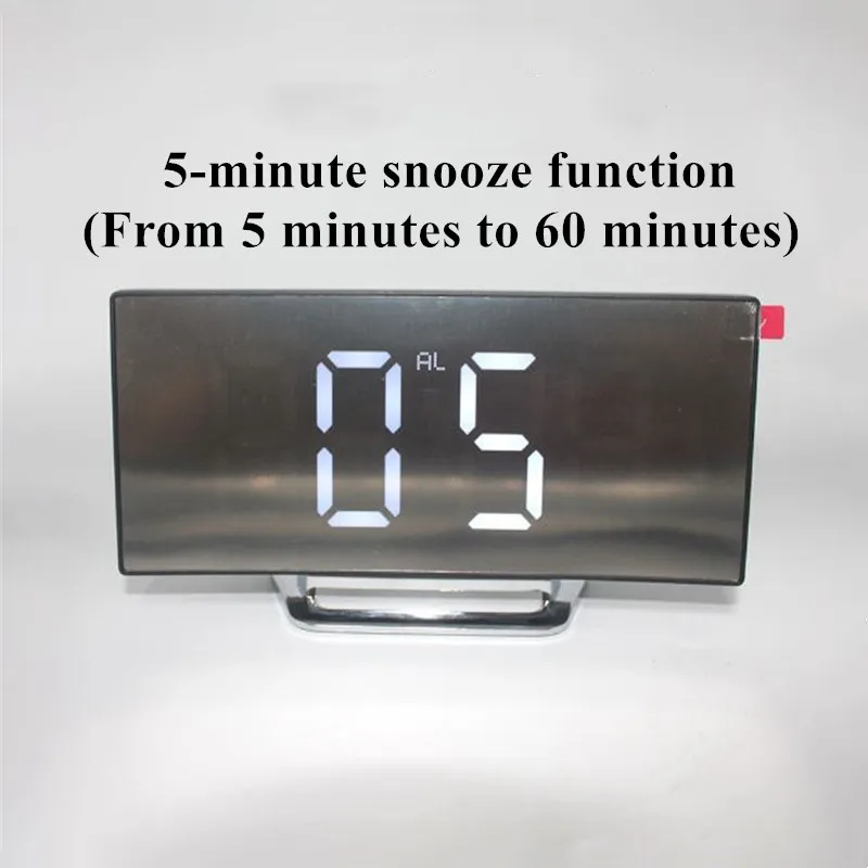 Curved Mirror Digital Alarm Clock with TEMP Date Night Mode Snooze Table Clock 12/24H Anti-disturb LED Clock for Living Room