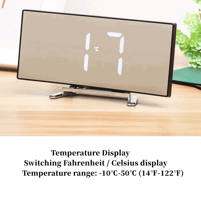 Curved Mirror Digital Alarm Clock with TEMP Date Night Mode Snooze Table Clock 12/24H Anti-disturb LED Clock for Living Room