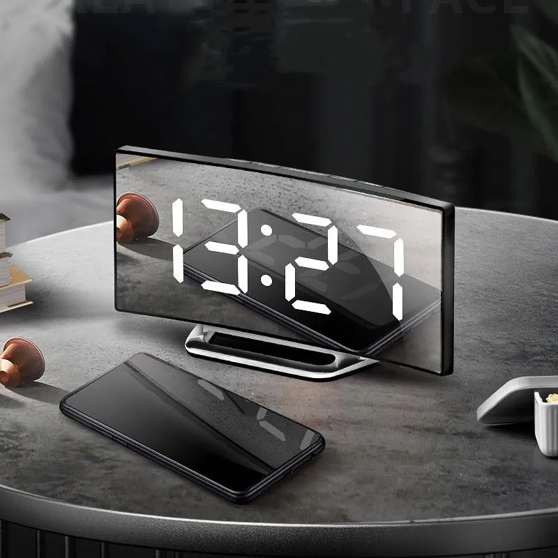 Curved Mirror Digital Alarm Clock with TEMP Date Night Mode Snooze Table Clock 12/24H Anti-disturb LED Clock for Living Room