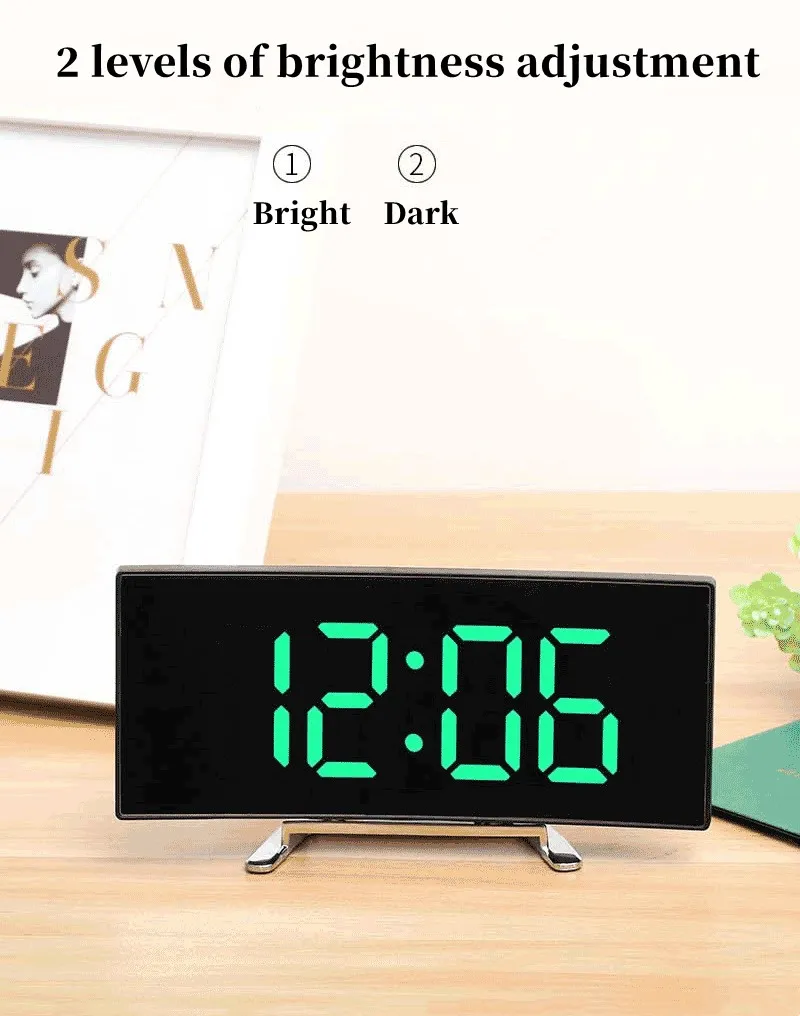 Curved Mirror Digital Alarm Clock with TEMP Date Night Mode Snooze Table Clock 12/24H Anti-disturb LED Clock for Living Room