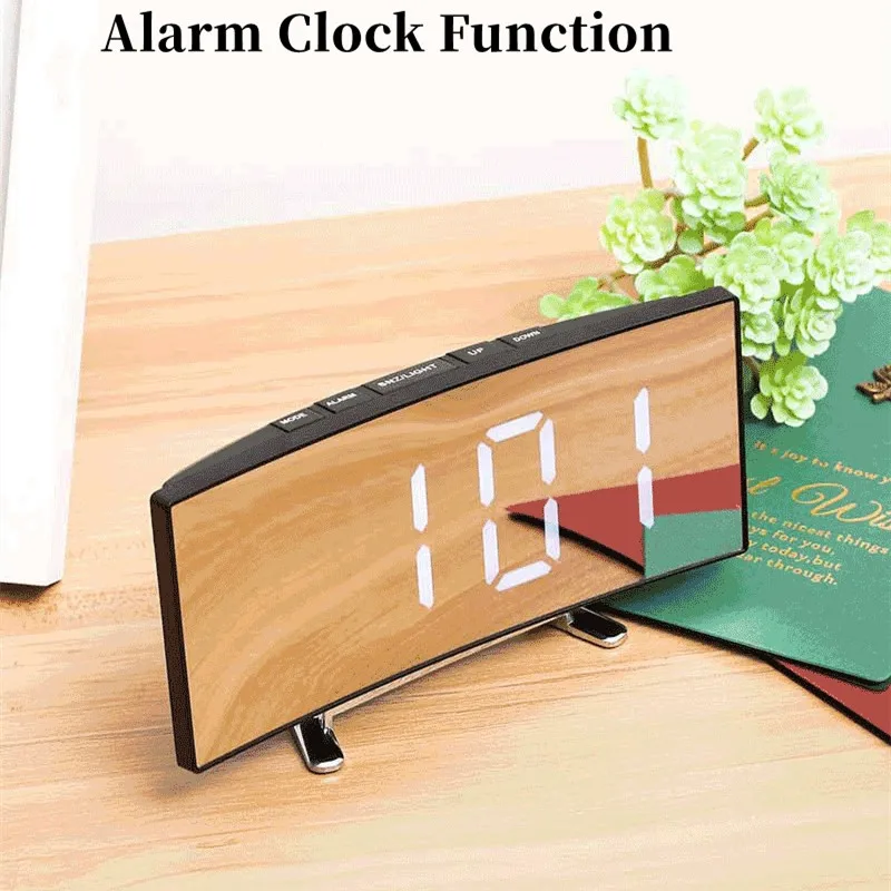 Curved Mirror Digital Alarm Clock with TEMP Date Night Mode Snooze Table Clock 12/24H Anti-disturb LED Clock for Living Room