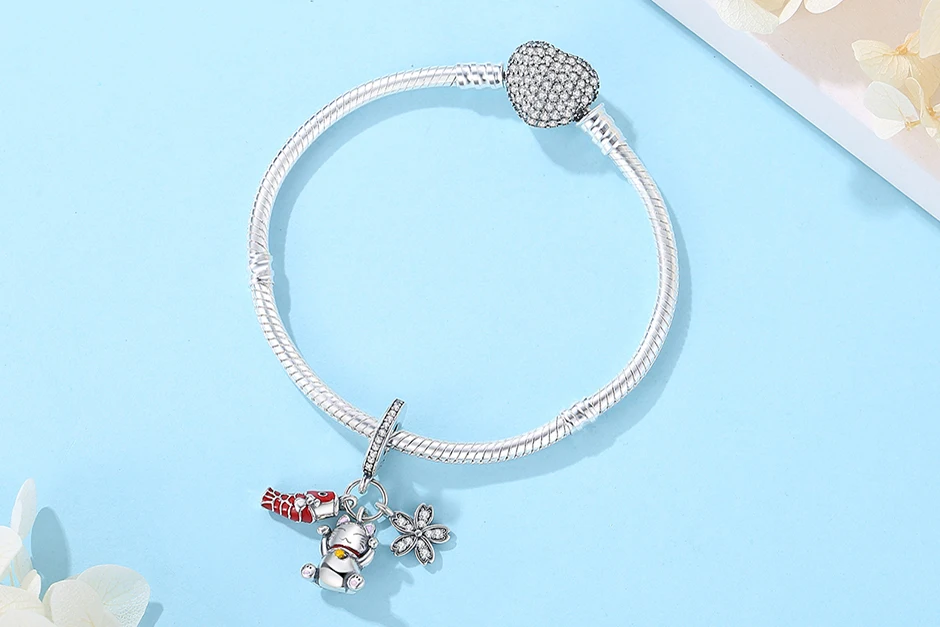 925 Sterling Silver Charms Beads Original Japanese Doll Fortune Cat Charm Fit Brand Bracelets Bangles DIY Jewelry For Women