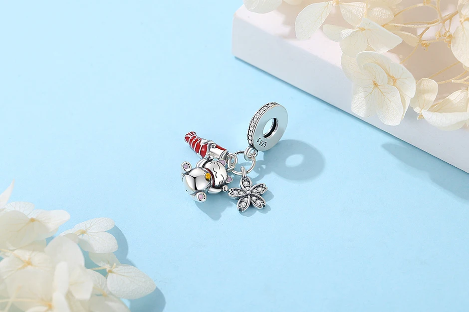 925 Sterling Silver Charms Beads Original Japanese Doll Fortune Cat Charm Fit Brand Bracelets Bangles DIY Jewelry For Women