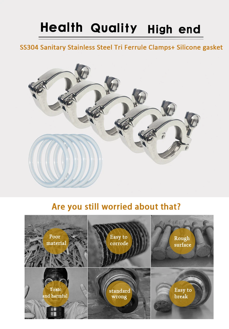 YQBS 1"- 8" Inch Sanitary Stainless Steel Tri Ferrule Clamps Clover SS 304 Fit for Pipe Flange With Silicone gasket