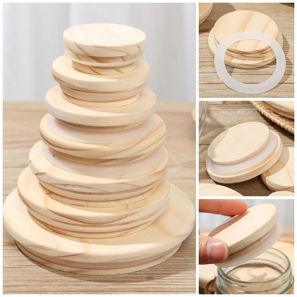 Wood Mason Jar Lid Reusable Canning Caps Various Sizes Bottle Sealing Caps Wide Mouth Cover Wood Lids Kitchen Organization