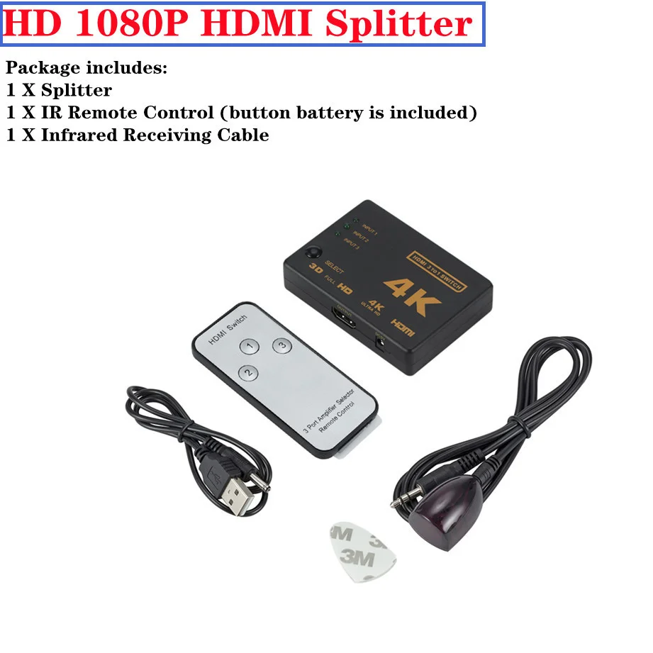 4K 2K 3x1 HDMI Cable Splitter HD 1080P Video Switcher Adapter 3 Input 1 Output Port HDMI Hub for Xbox PS4 DVD HDTV PC Laptop TV