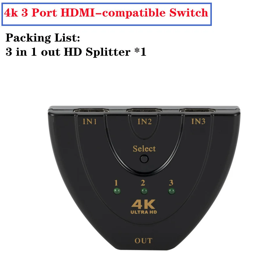 4K 2K 3x1 HDMI Cable Splitter HD 1080P Video Switcher Adapter 3 Input 1 Output Port HDMI Hub for Xbox PS4 DVD HDTV PC Laptop TV