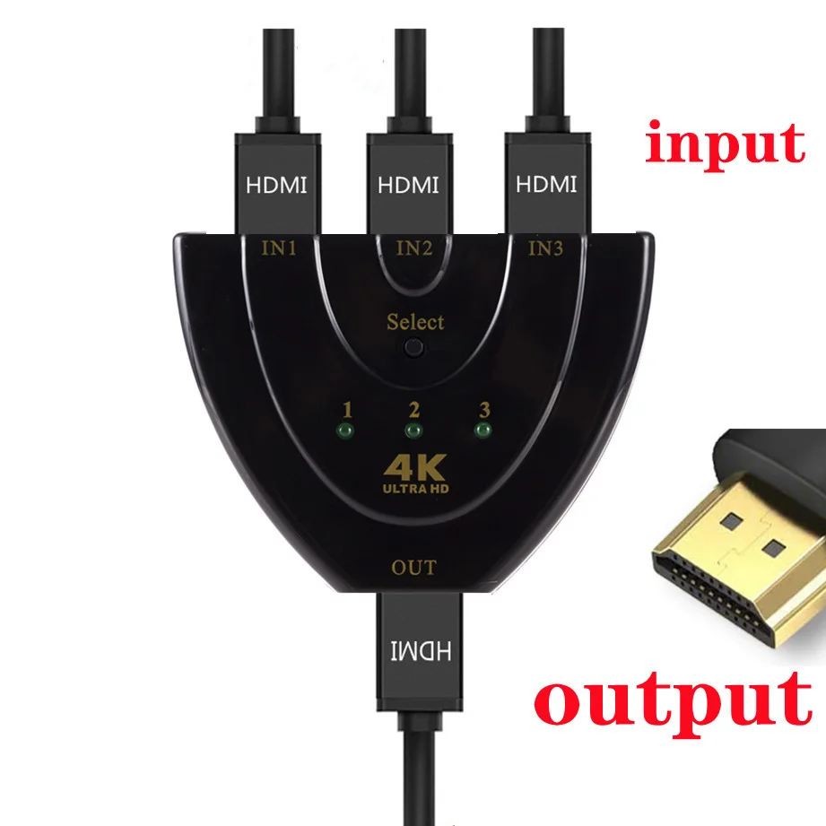 4K 2K 3x1 HDMI Cable Splitter HD 1080P Video Switcher Adapter 3 Input 1 Output Port HDMI Hub for Xbox PS4 DVD HDTV PC Laptop TV