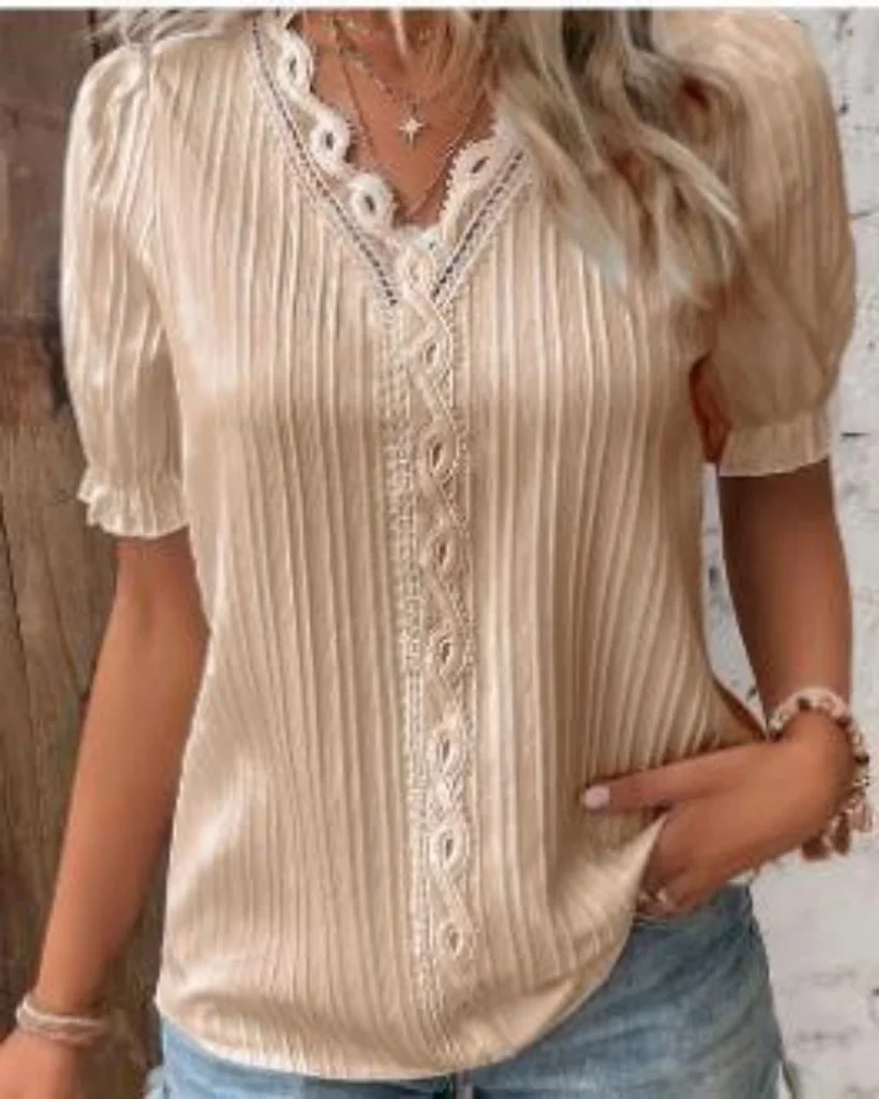 Plus Size Women's Shirt Blouse Yellow-green Violets White Plain Lace Short Sleeve Casual Basic V Neck Regular Pullover White Blo
