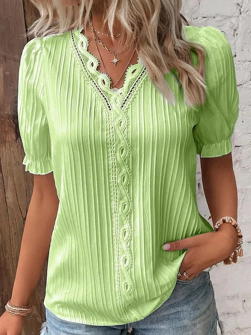Plus Size Women's Shirt Blouse Yellow-green Violets White Plain Lace Short Sleeve Casual Basic V Neck Regular Pullover White Blo