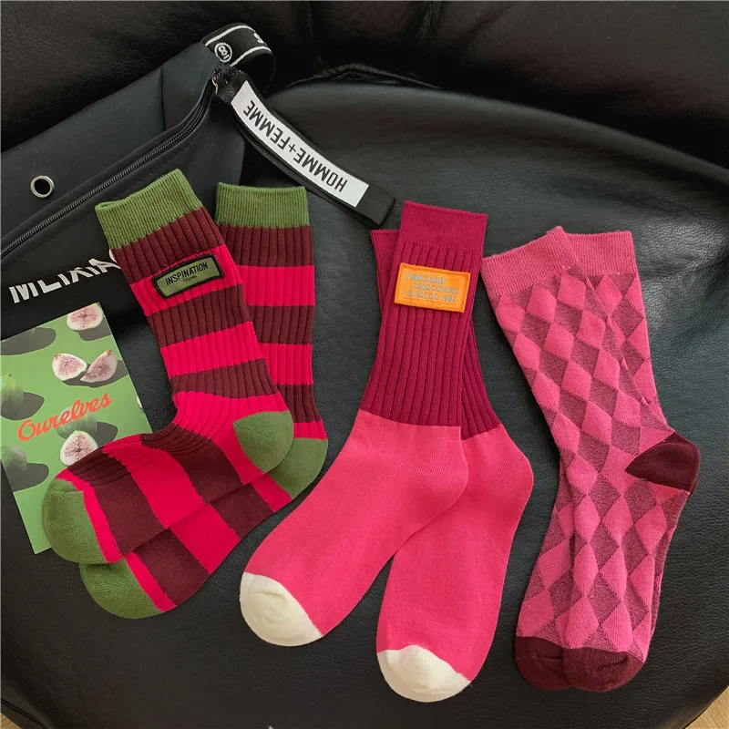 Women's Spring Antumn Cotton Color Long Socks Mid-tube Stockings Cute Rose Red Pile Pile Socks Sweet Style For Girls Gift Kawaii