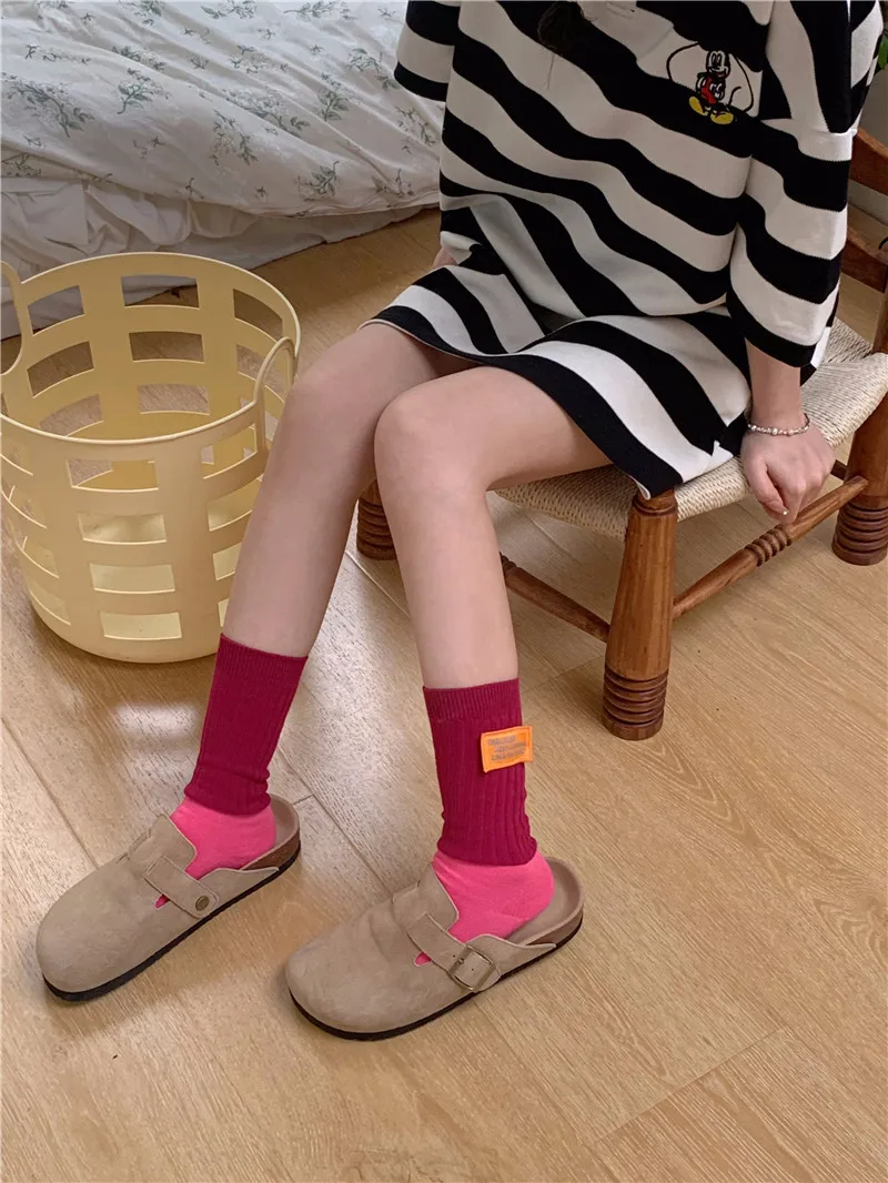 Women's Spring Antumn Cotton Color Long Socks Mid-tube Stockings Cute Rose Red Pile Pile Socks Sweet Style For Girls Gift Kawaii