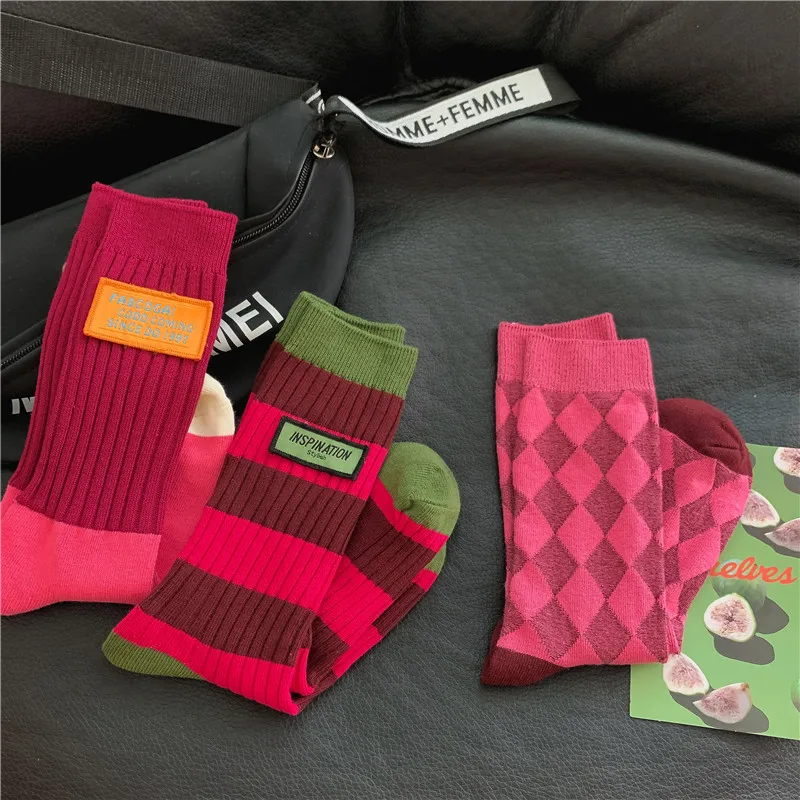 Women's Spring Antumn Cotton Color Long Socks Mid-tube Stockings Cute Rose Red Pile Pile Socks Sweet Style For Girls Gift Kawaii