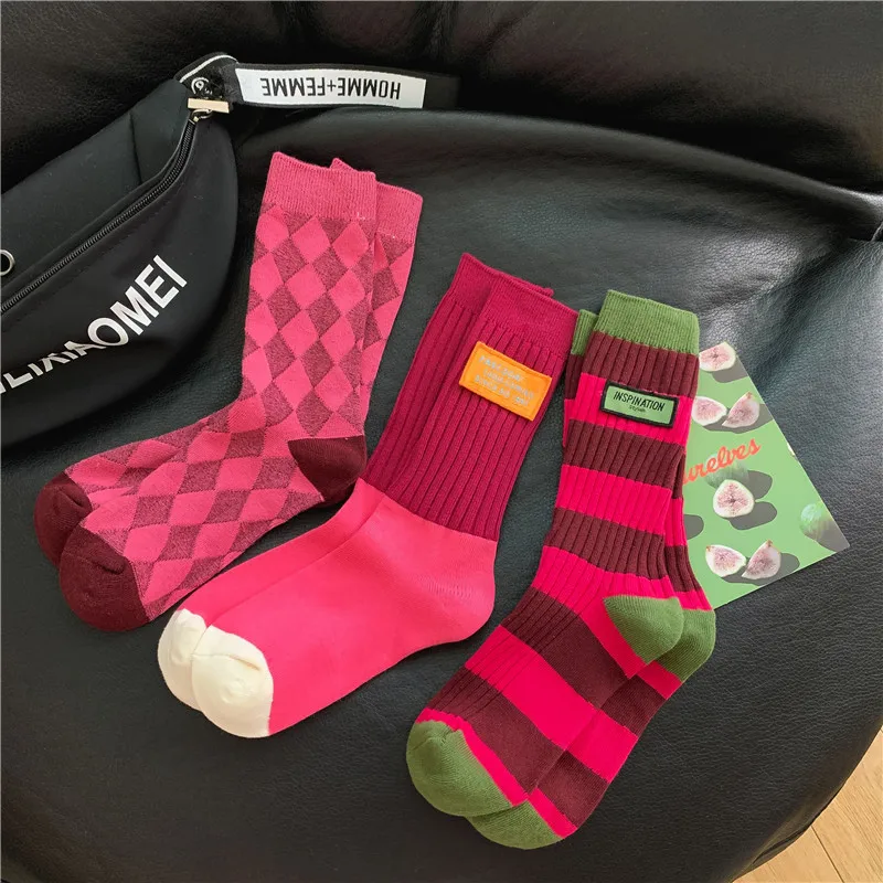 Women's Spring Antumn Cotton Color Long Socks Mid-tube Stockings Cute Rose Red Pile Pile Socks Sweet Style For Girls Gift Kawaii