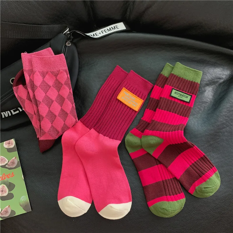Women's Spring Antumn Cotton Color Long Socks Mid-tube Stockings Cute Rose Red Pile Pile Socks Sweet Style For Girls Gift Kawaii