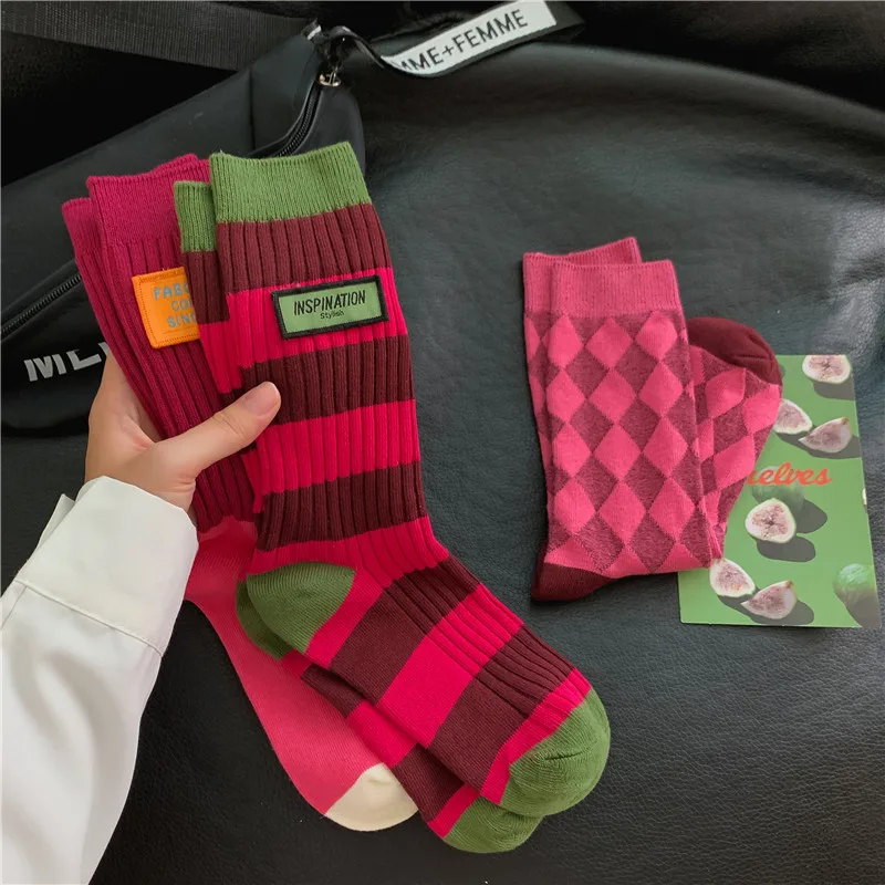Women's Spring Antumn Cotton Color Long Socks Mid-tube Stockings Cute Rose Red Pile Pile Socks Sweet Style For Girls Gift Kawaii