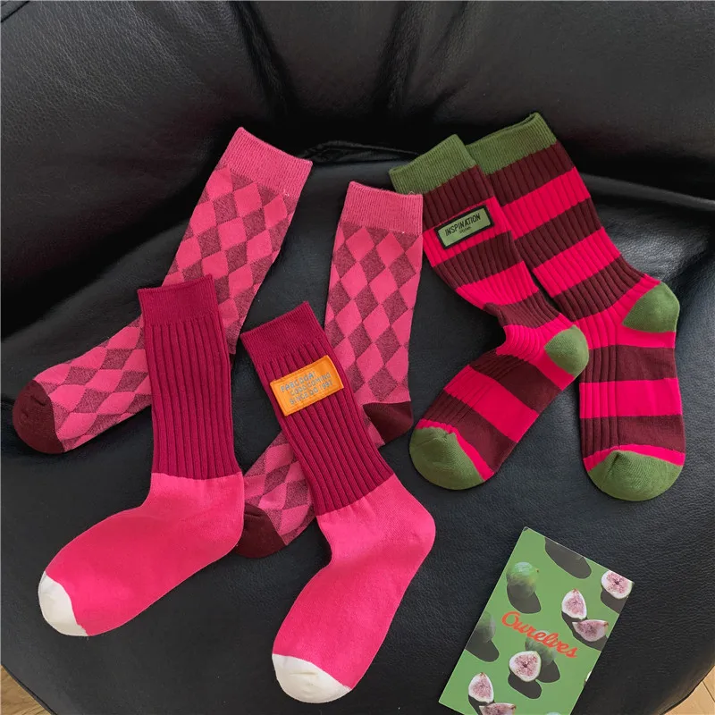 Women's Spring Antumn Cotton Color Long Socks Mid-tube Stockings Cute Rose Red Pile Pile Socks Sweet Style For Girls Gift Kawaii