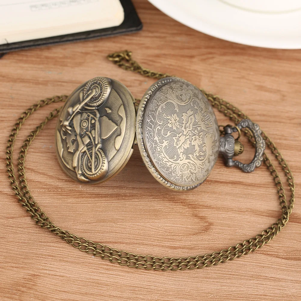Retro Motorcycle CAR Pattern Quartz Pocket Watch Motorbike MOTO Design Pendant Fob Watch Chain Gifts for Men