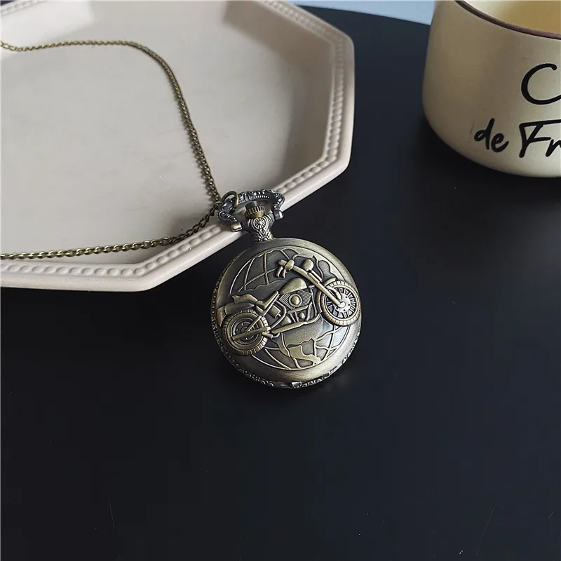 Retro Motorcycle CAR Pattern Quartz Pocket Watch Motorbike MOTO Design Pendant Fob Watch Chain Gifts for Men