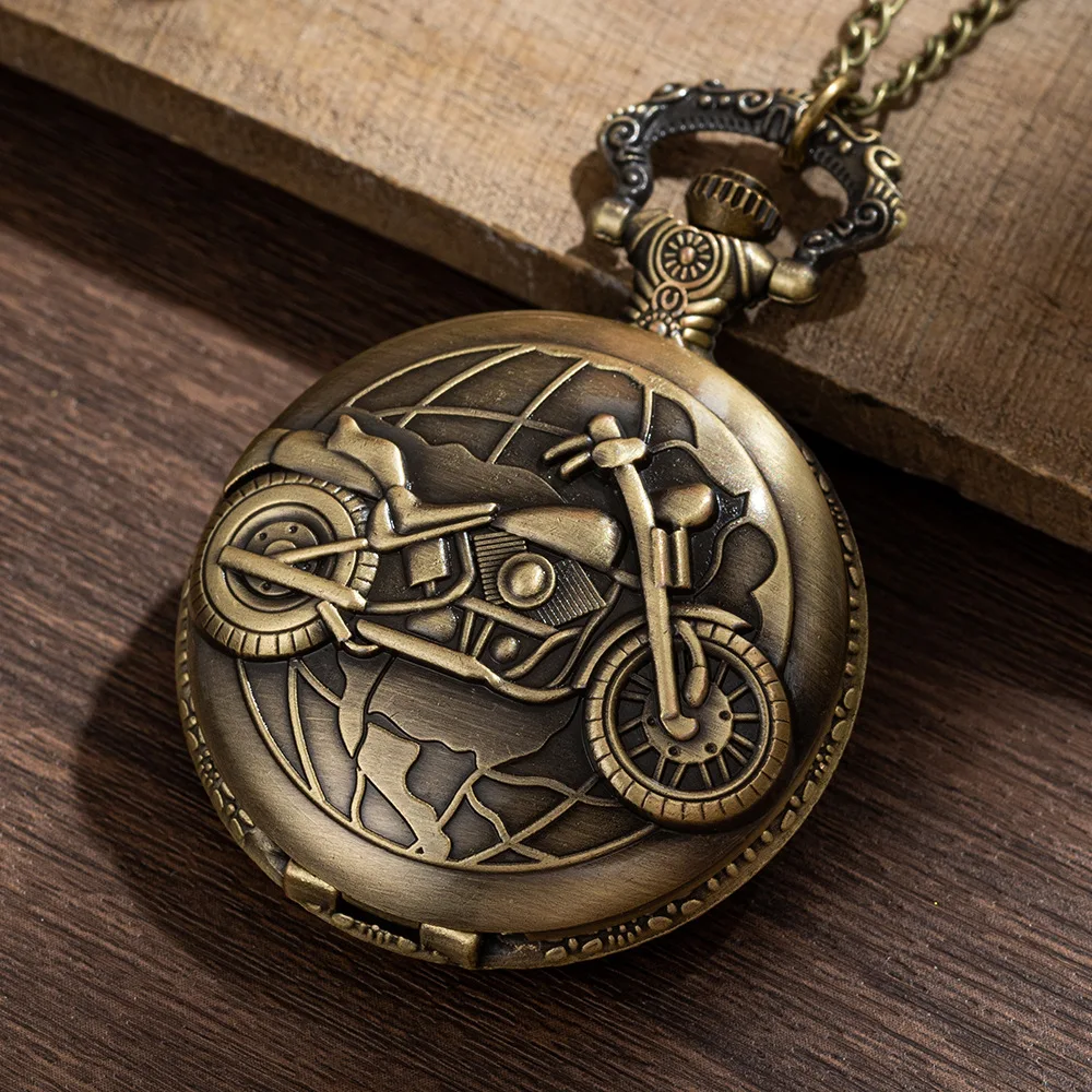Retro Motorcycle CAR Pattern Quartz Pocket Watch Motorbike MOTO Design Pendant Fob Watch Chain Gifts for Men