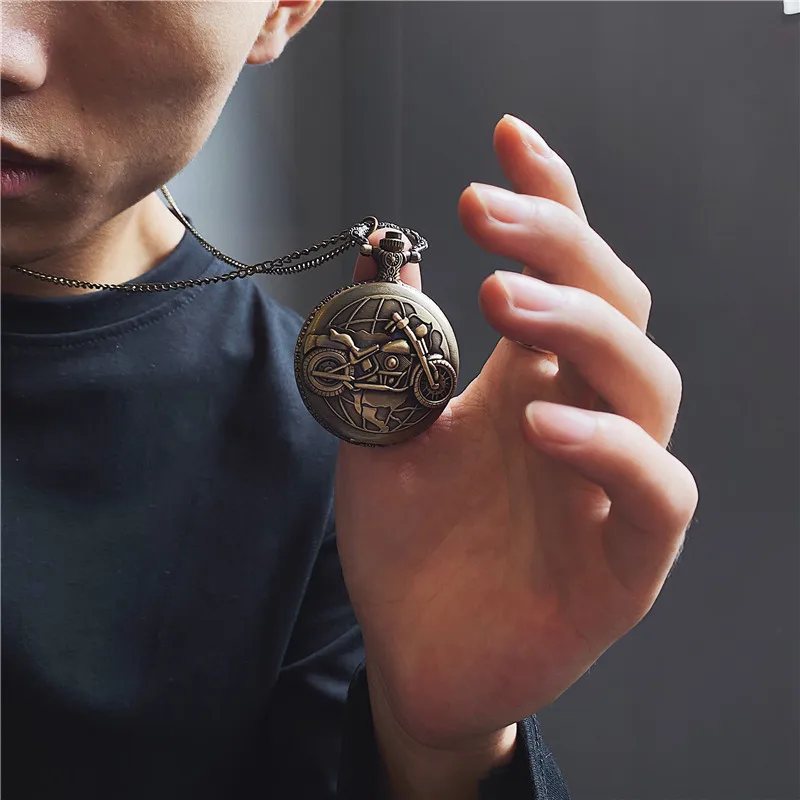 Retro Motorcycle CAR Pattern Quartz Pocket Watch Motorbike MOTO Design Pendant Fob Watch Chain Gifts for Men