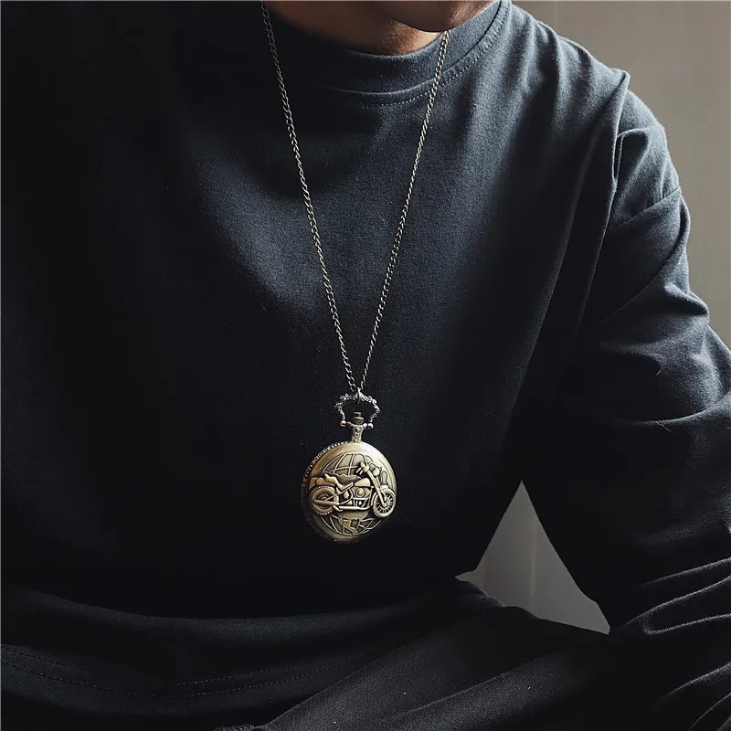 Retro Motorcycle CAR Pattern Quartz Pocket Watch Motorbike MOTO Design Pendant Fob Watch Chain Gifts for Men