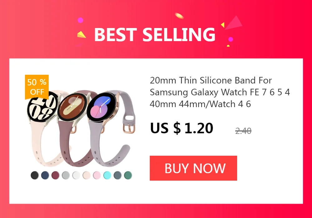 20mm Thin Silicone Band For Samsung Galaxy Watch 7 6 5 4 40mm 44mm/Watch 4 6 Classic/Active 2/5Pro 45mm/Watch 3 41mm Strap