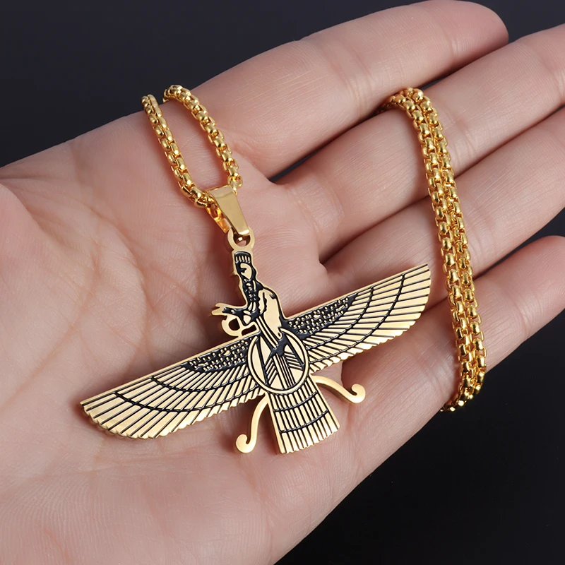 Punk Gold Color Ahura Mazda Fire of Light and Truth Zoroastrianism Amulet Necklaces for Men
