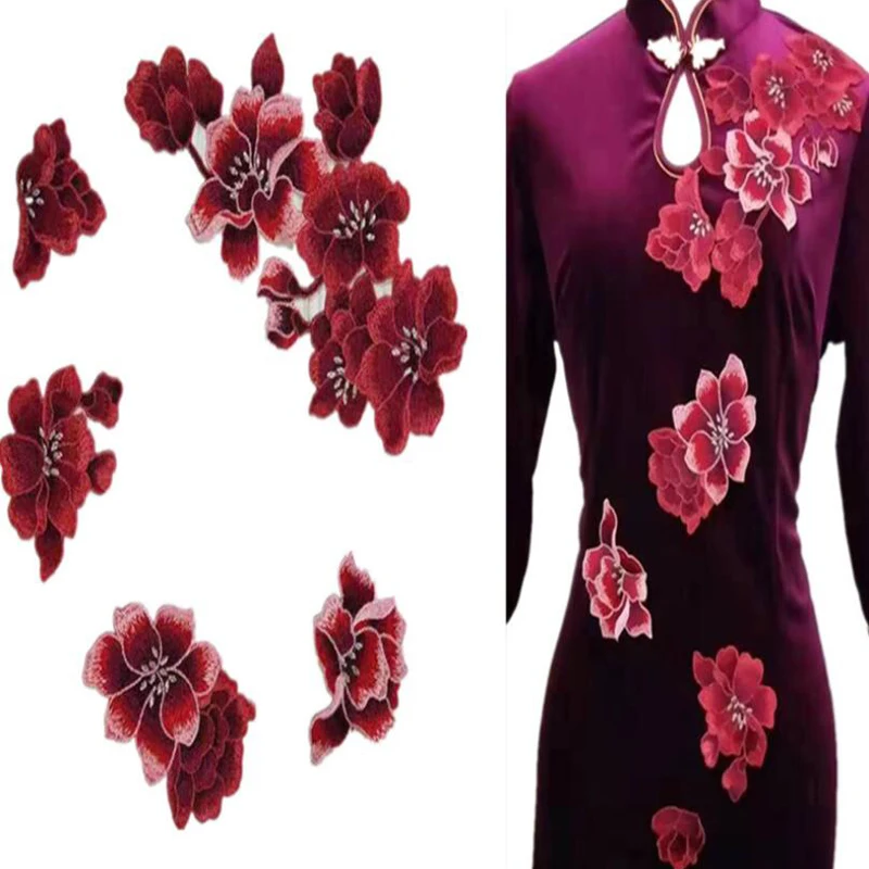 5 Pcs Red Plum Blossom Flower Embroidery Patches Fabric Applique Festival Clothing Christmas Patch Sewing Repair
