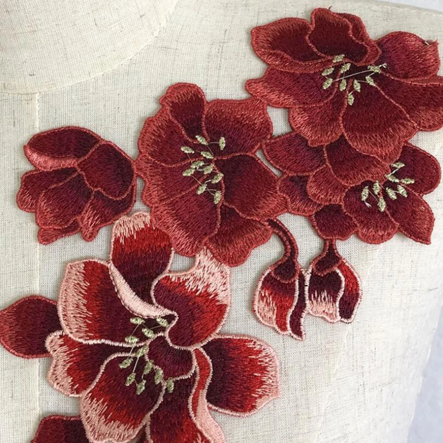 5 Pcs Red Plum Blossom Flower Embroidery Patches Fabric Applique Festival Clothing Christmas Patch Sewing Repair