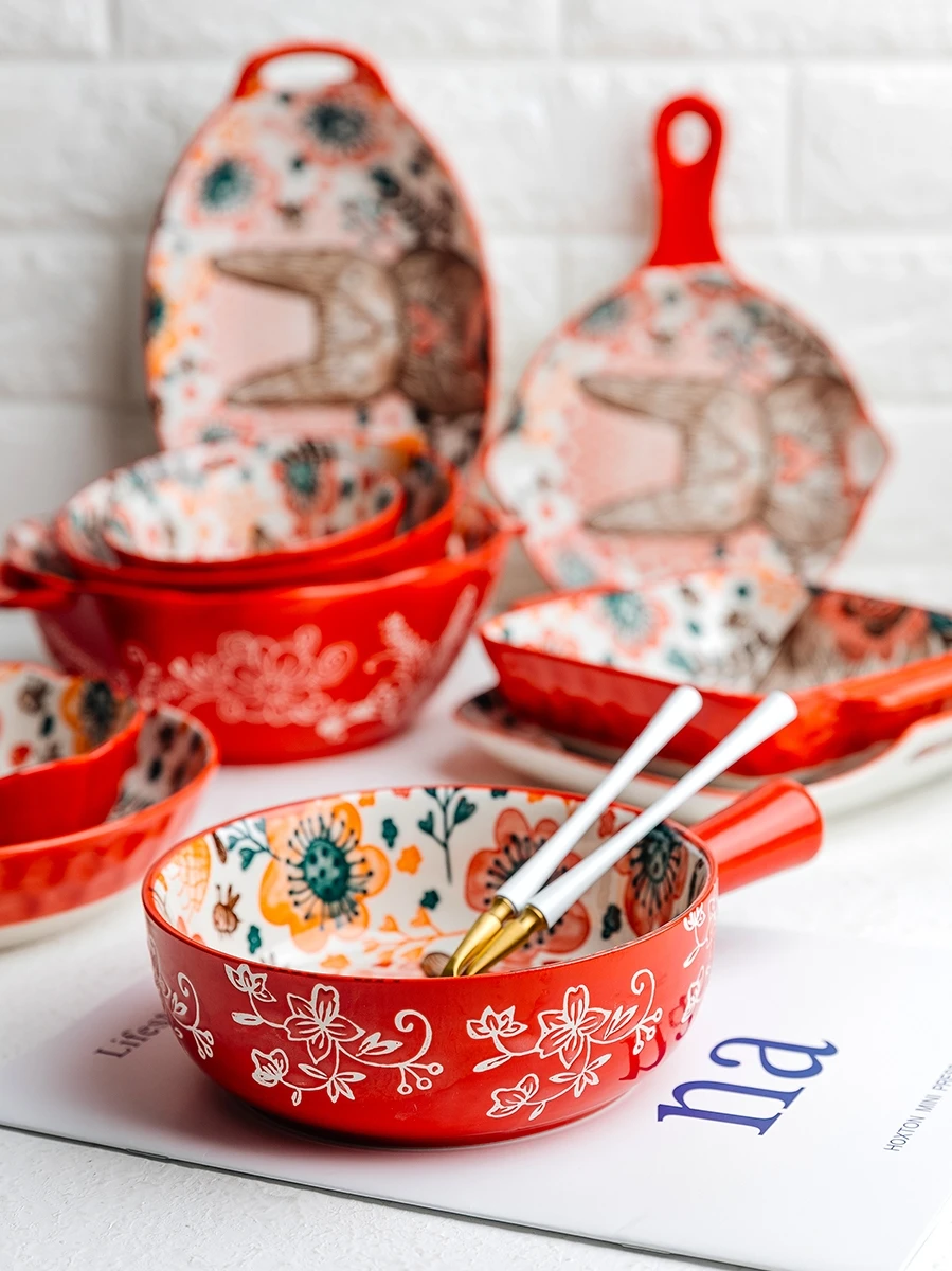 1pc/cute rabbit hand-painted bowl and plate underglaze ceramic household soup bowl commercial hotel noodle bowl fruit salad bowl