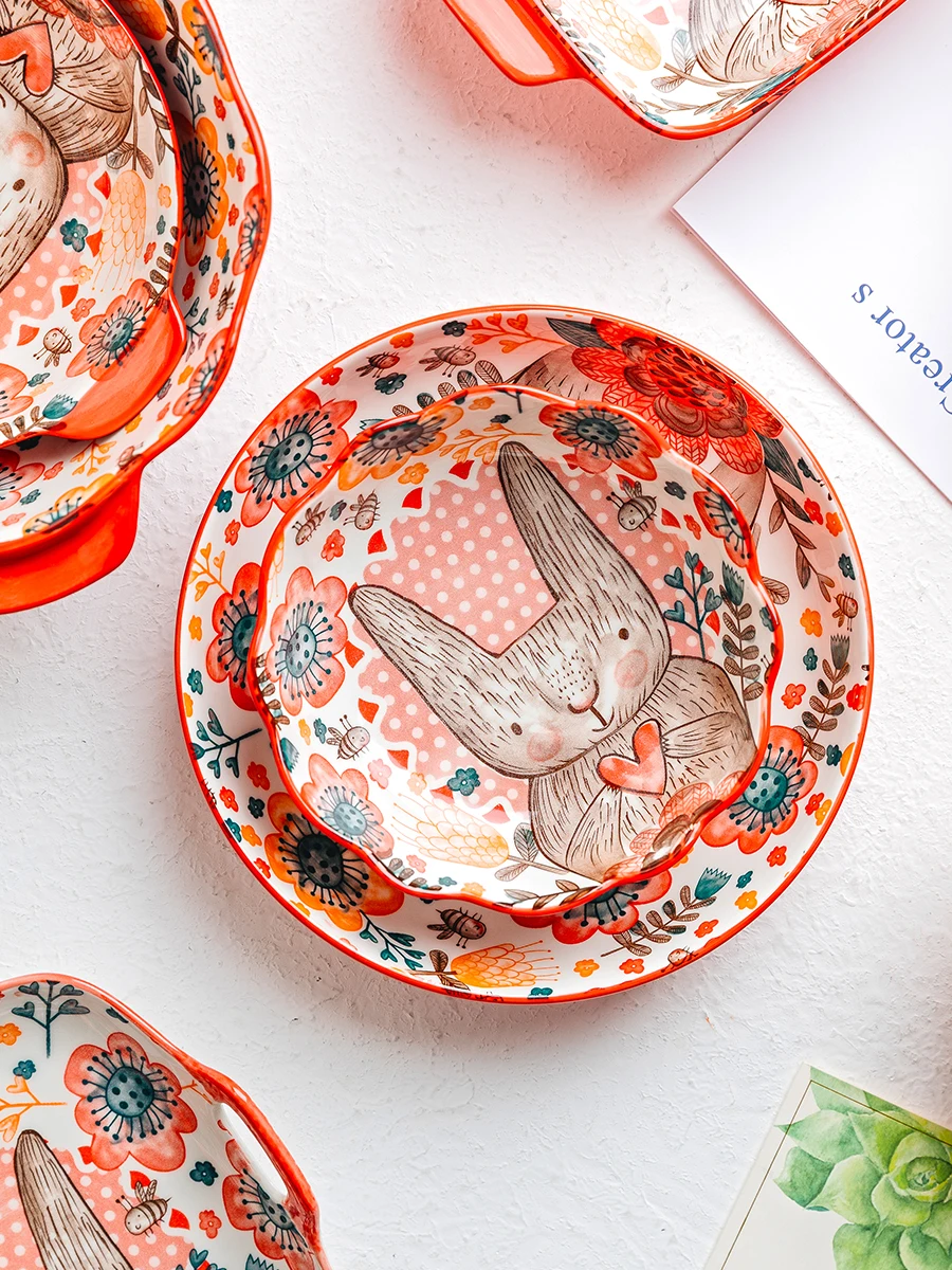 1pc/cute rabbit hand-painted bowl and plate underglaze ceramic household soup bowl commercial hotel noodle bowl fruit salad bowl