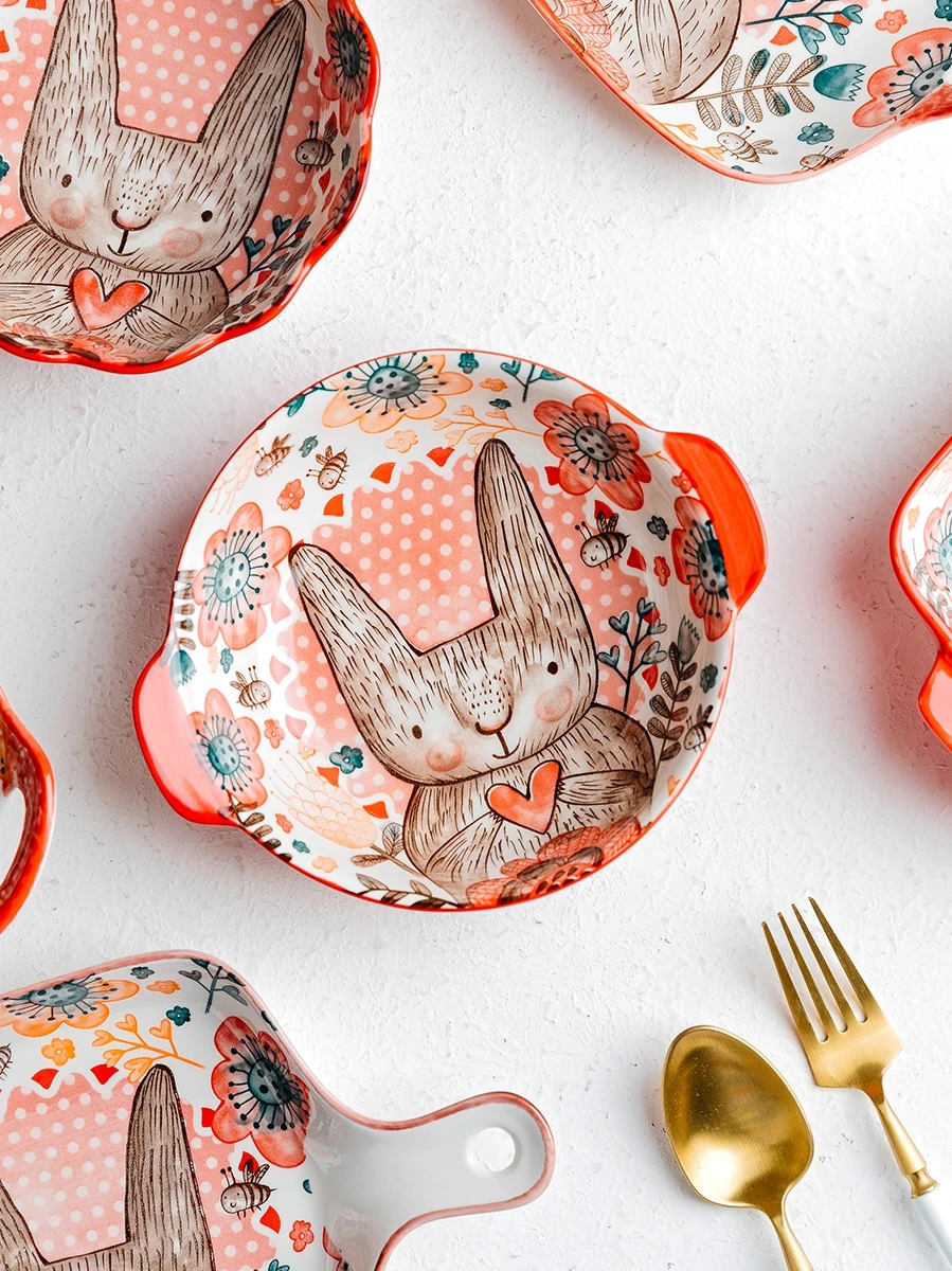 1pc/cute rabbit hand-painted bowl and plate underglaze ceramic household soup bowl commercial hotel noodle bowl fruit salad bowl