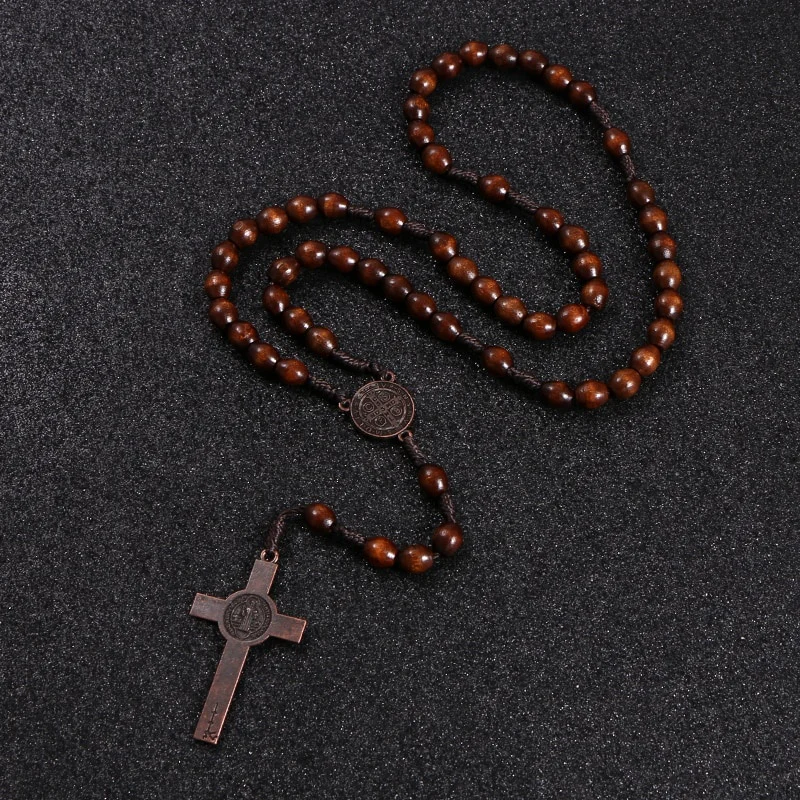 Christ Jesus Wooden Beads 8mm Rosary Bead Cross Car Pendant Woven Rope Chain Necklace Religious Orthodox Praying  Jewelry
