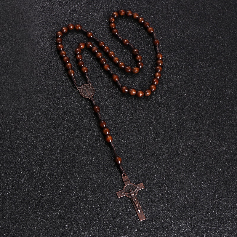 Christ Jesus Wooden Beads 8mm Rosary Bead Cross Car Pendant Woven Rope Chain Necklace Religious Orthodox Praying  Jewelry