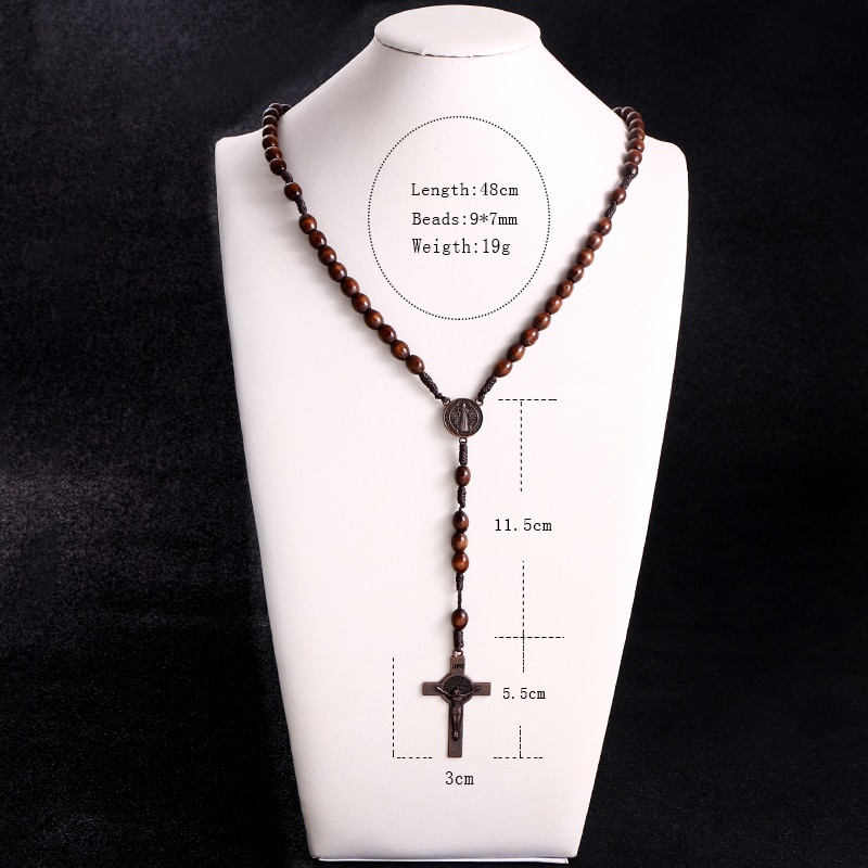 Christ Jesus Wooden Beads 8mm Rosary Bead Cross Car Pendant Woven Rope Chain Necklace Religious Orthodox Praying  Jewelry