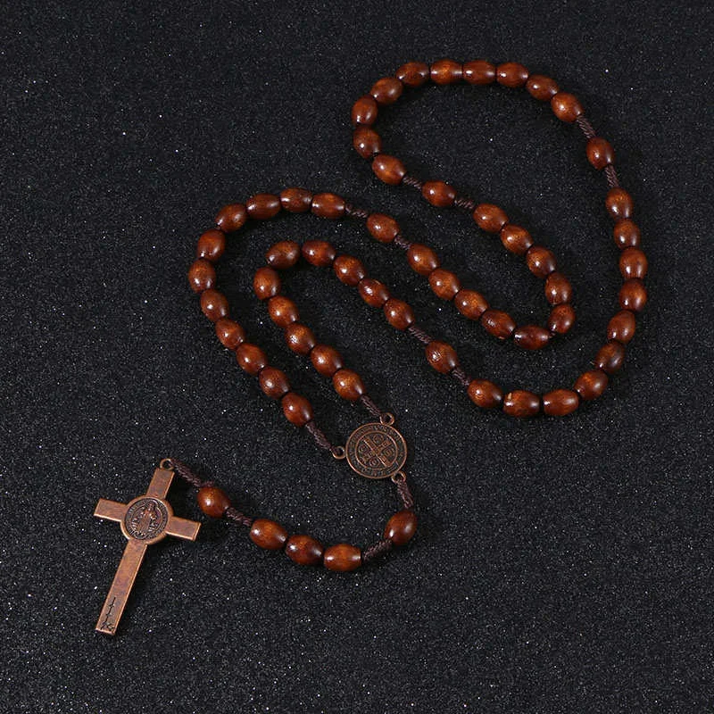 Christ Jesus Wooden Beads 8mm Rosary Bead Cross Car Pendant Woven Rope Chain Necklace Religious Orthodox Praying  Jewelry