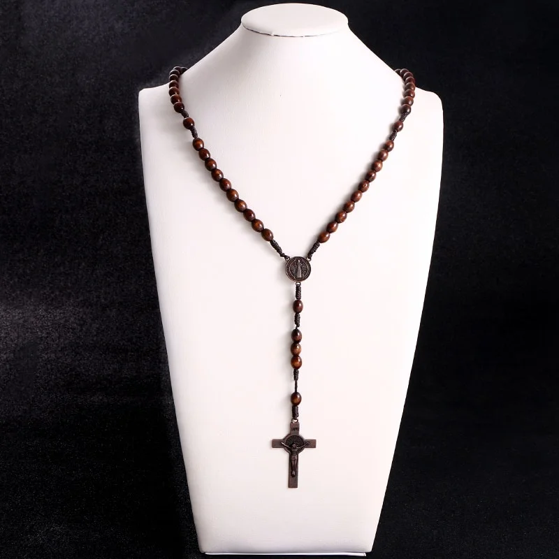 Christ Jesus Wooden Beads 8mm Rosary Bead Cross Car Pendant Woven Rope Chain Necklace Religious Orthodox Praying  Jewelry