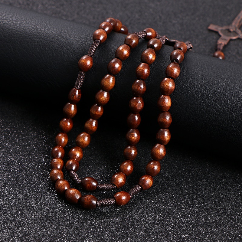 Christ Jesus Wooden Beads 8mm Rosary Bead Cross Car Pendant Woven Rope Chain Necklace Religious Orthodox Praying  Jewelry