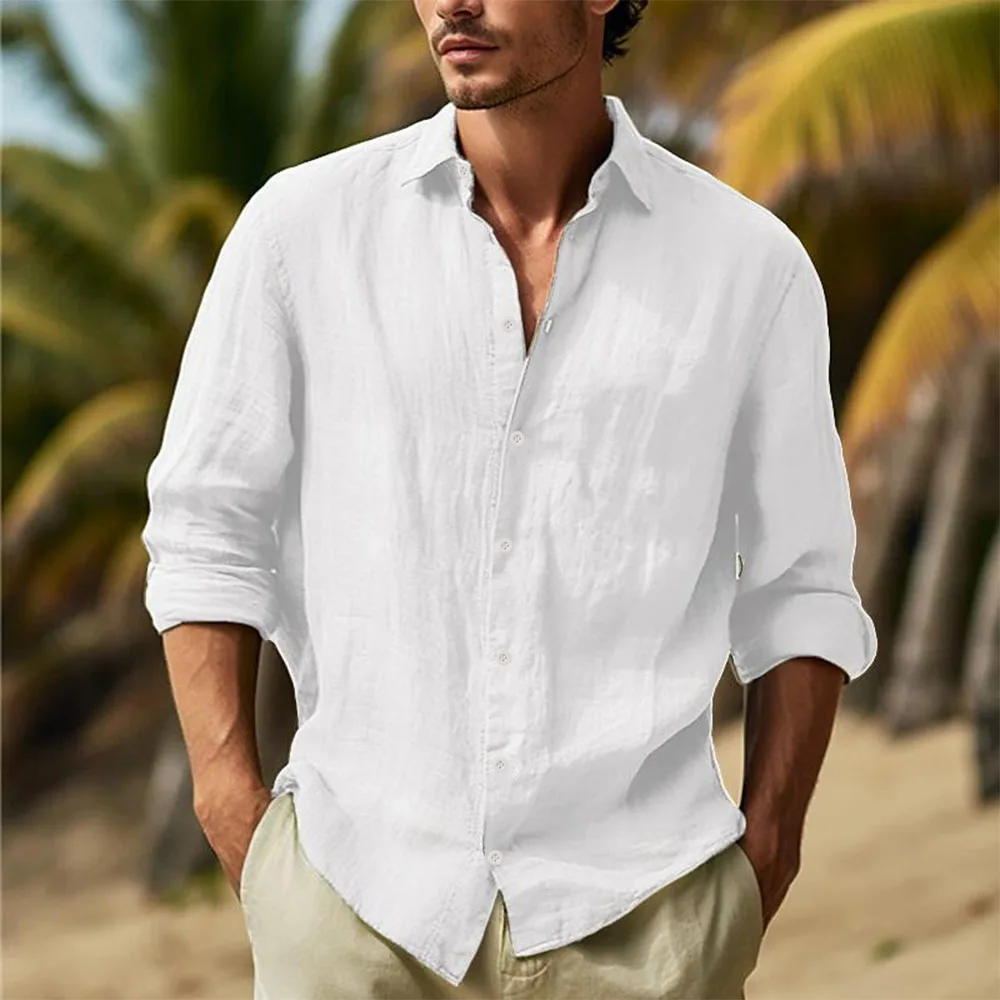 Men's Cotton Linen Shirts Turn Down Collar Solid Hawaiian Shirt Lightweight Breathable White Shirt Casual Large Size Streetwear